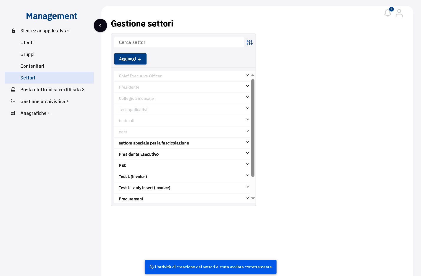 Verificare che il sistema abbia avviato correttamente l'attività di creazione del settore