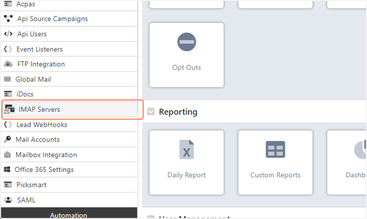 Under "Integrations" click on "IMAP Servers"