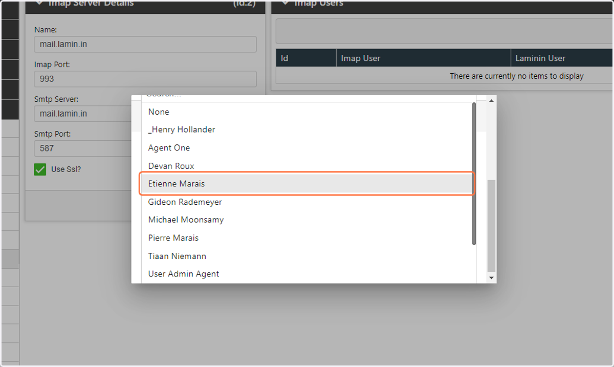 Select the user that this IMAP email address will be associated with