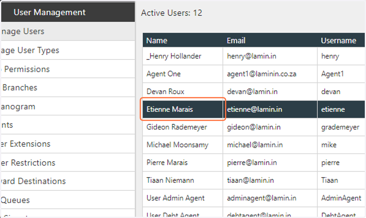 Select the user that you want to assign the IMAP email account to