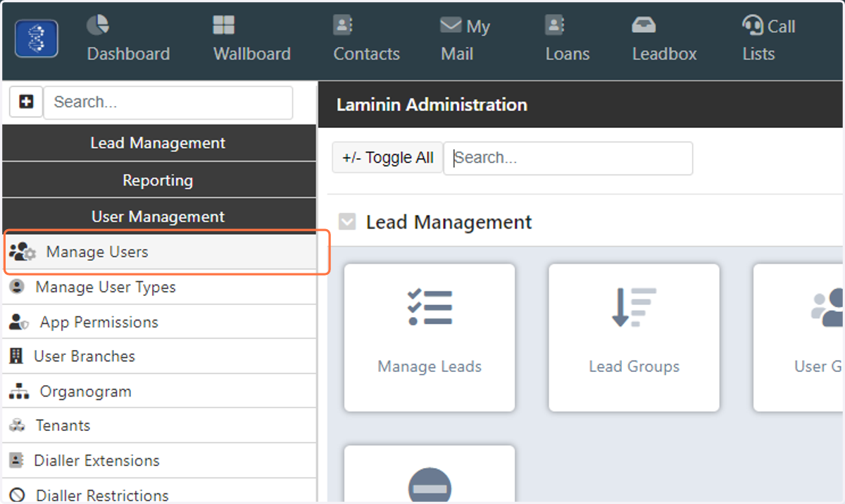 Under "User Management" click on "Manage Users"