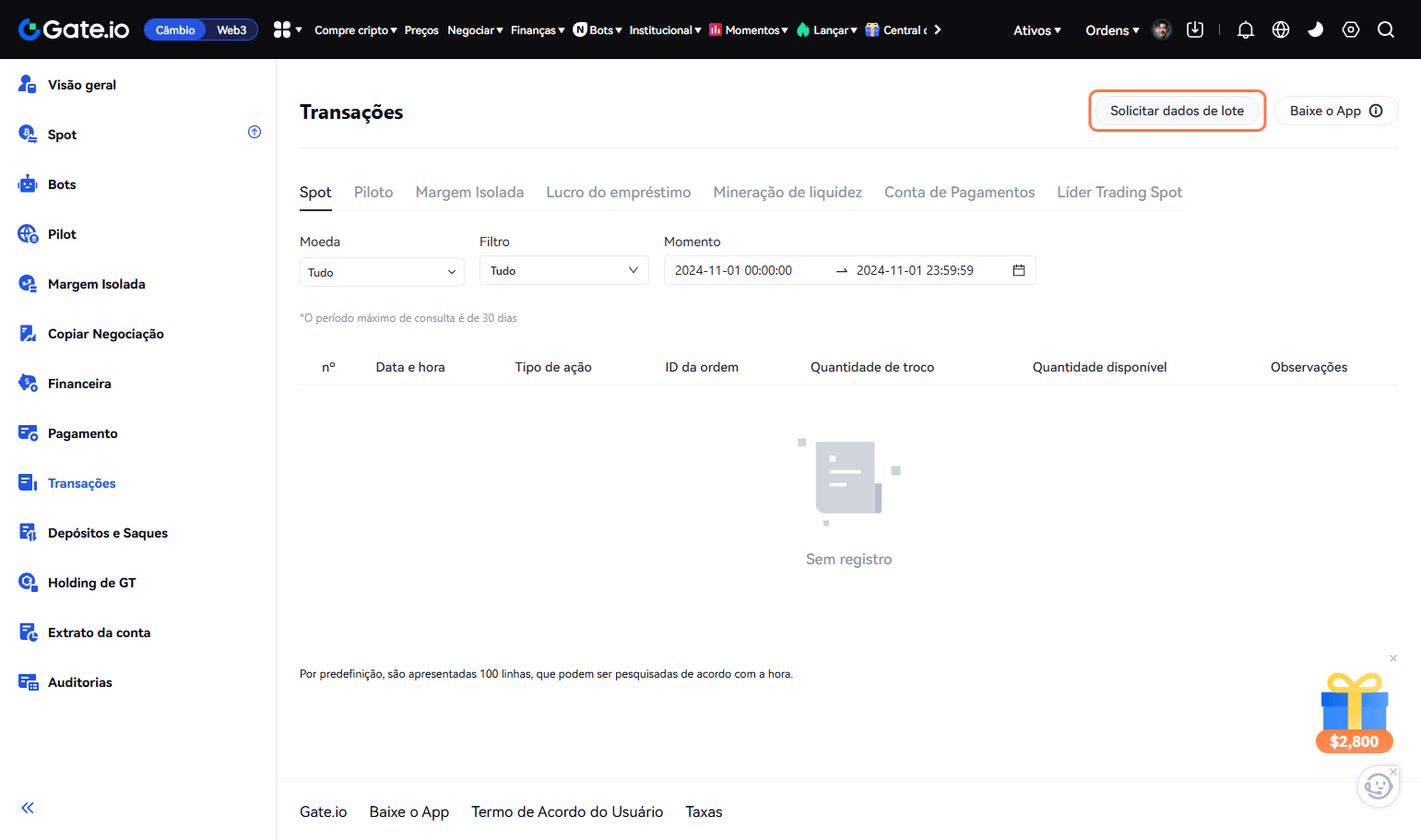 Clique em Solicitar dados de lote