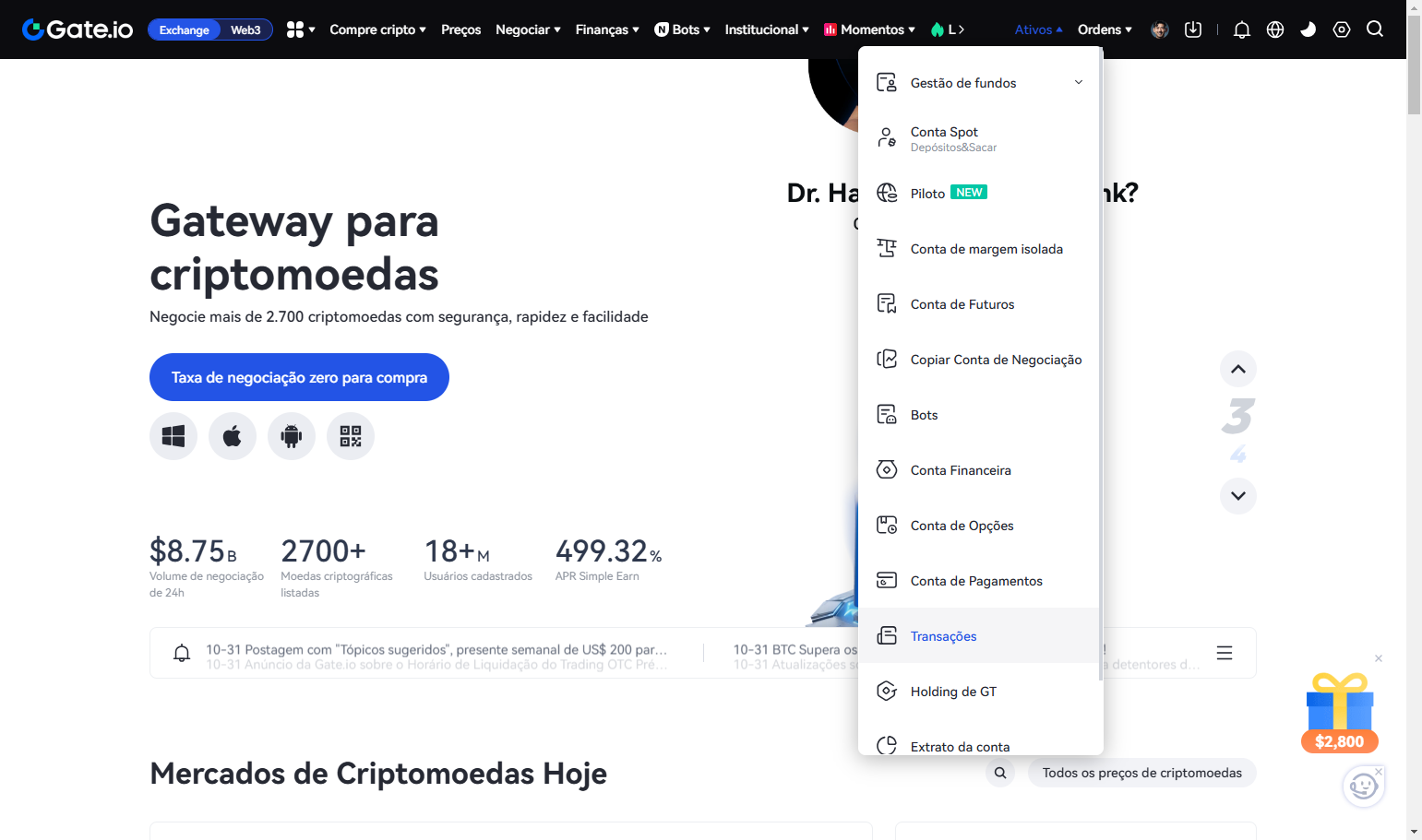 Clique em Transações