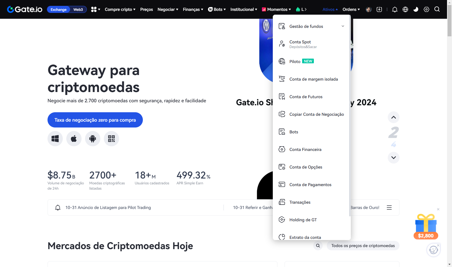 Passe o mouse em cima de Ativos