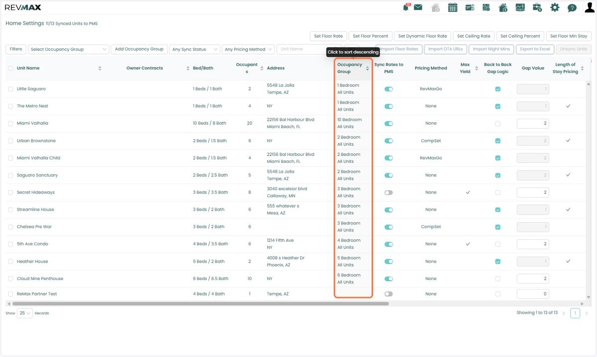 The Occupancy Group column in the Home Settings Page will also show you the Occupancy Group the unit belongs to.