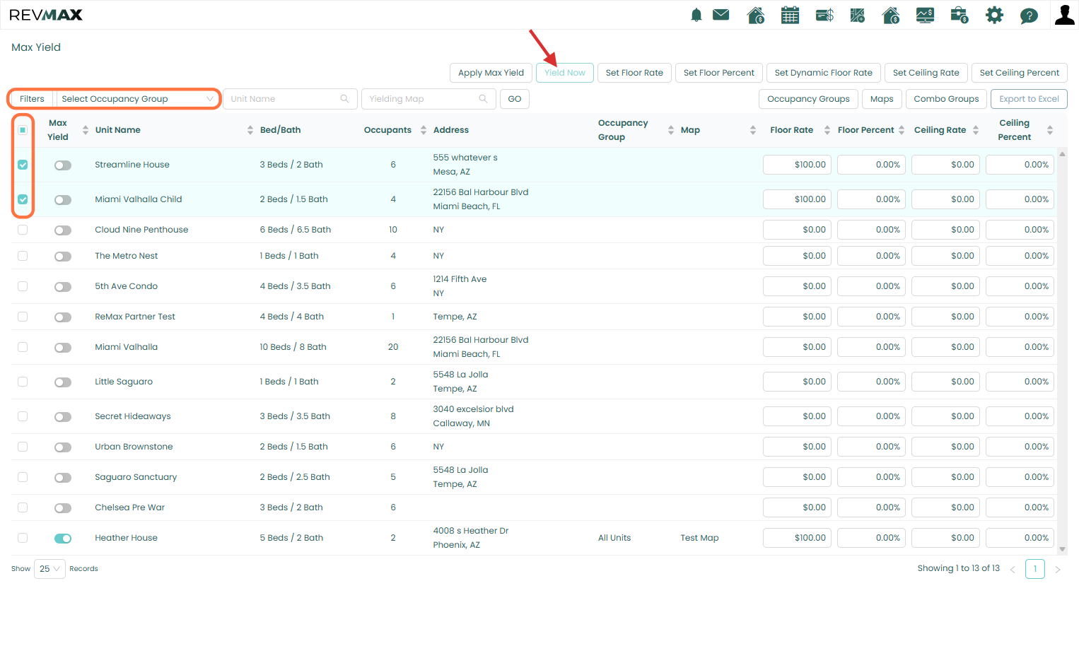 You can also use the Yield Now option to apply Max Yield to multiple units at the same time. To do this, navigate to the Max Yield page, select the units you would like to update, and click Yield Now. The selected units will immediately receive the l