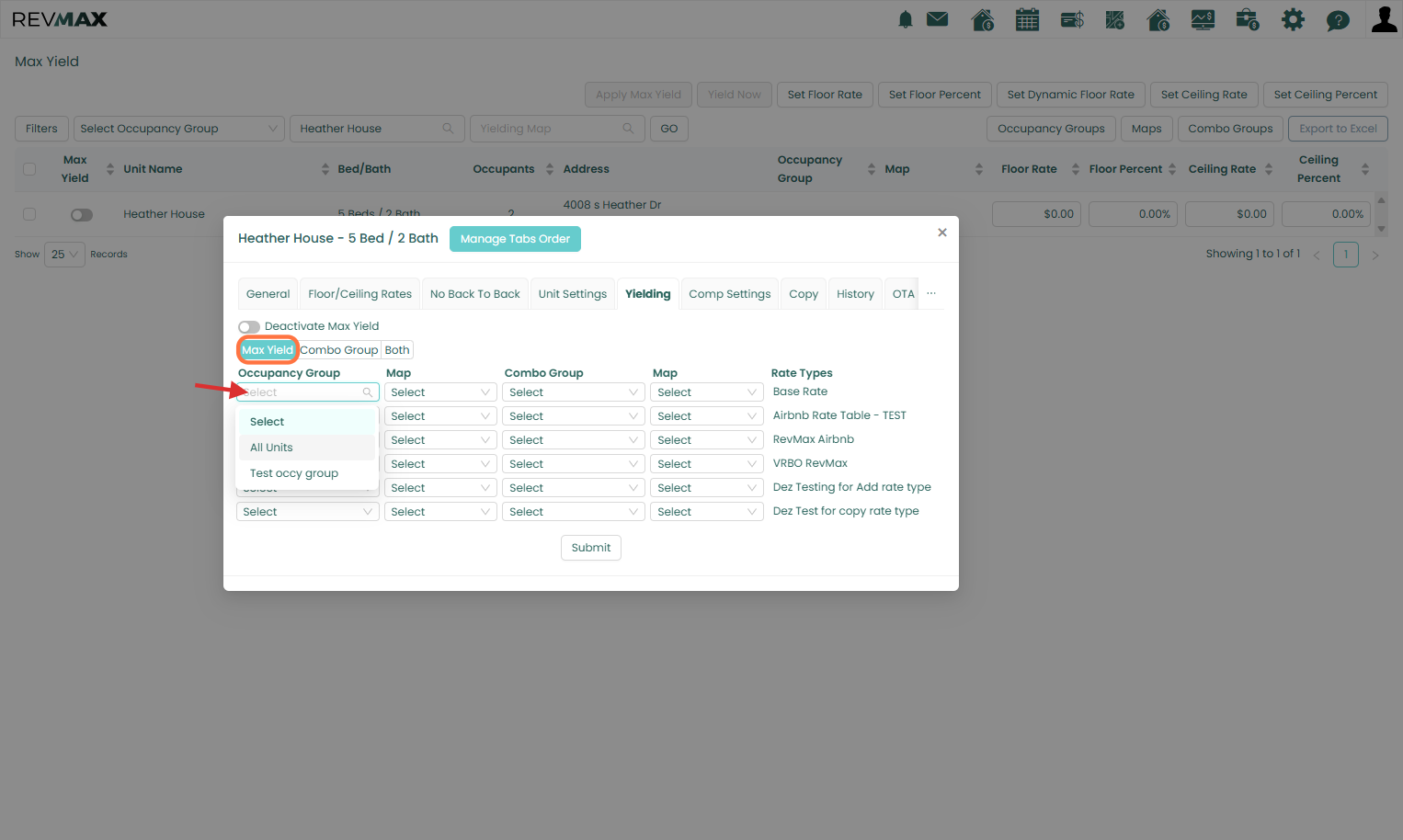 5. In the Max Yield panel, select the Occupancy Group assigned to the unit.