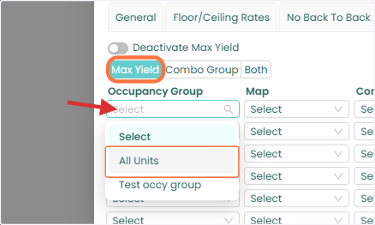 5. In the Max Yield panel, select the Occupancy Group assigned to the unit.