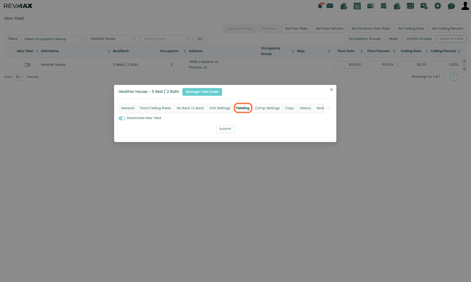 Open the unit-level settings and select the Yielding tab. Then, disable the Deactivate Max Yield toggle.