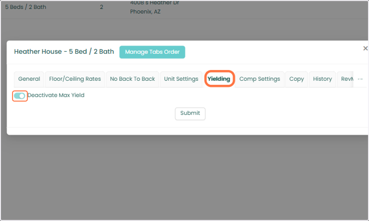 Open the unit-level settings and select the Yielding tab. Then, disable the Deactivate Max Yield toggle.