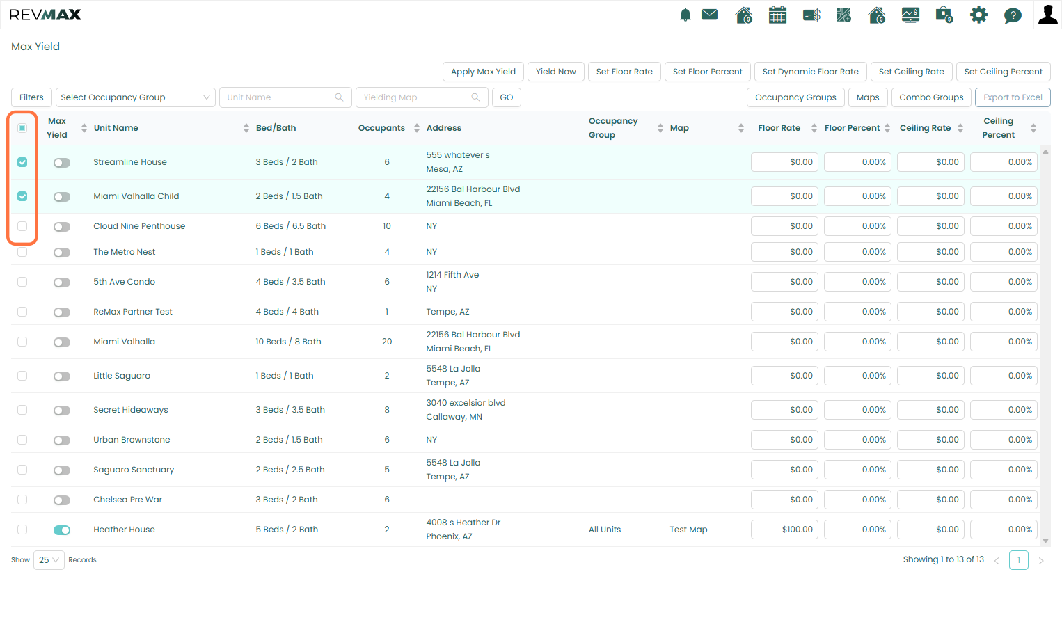 Navigate to the Max Yield page. Filter units by Occupancy Group or manually select the units you would like to update.