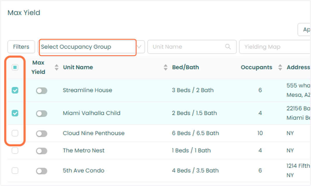 Navigate to the Max Yield page. Filter units by Occupancy Group or manually select the units you would like to update.