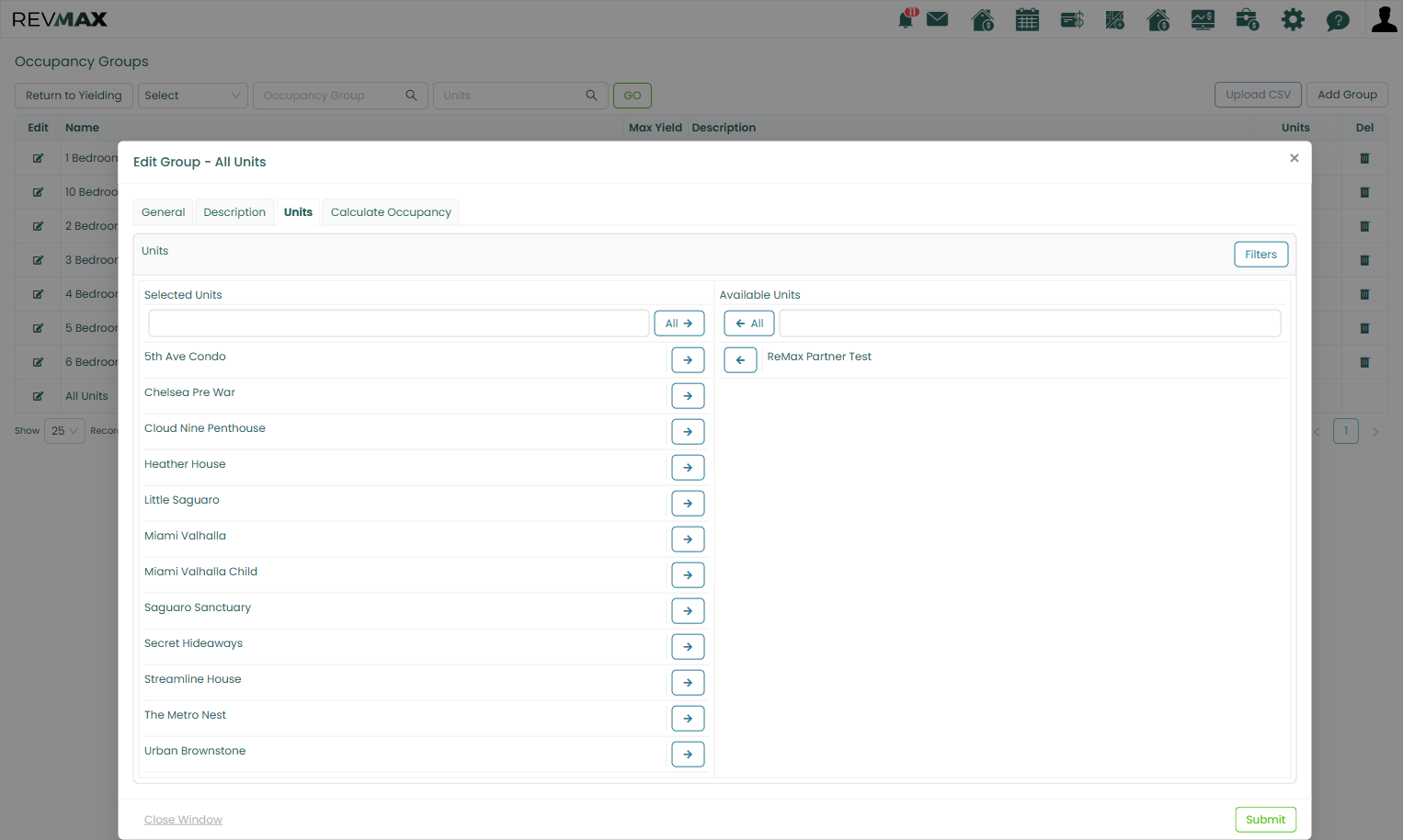 Max Yield > Occupancy Group Page > Occupancy Group settings > Under Units Tab you'll see all units configured for that group