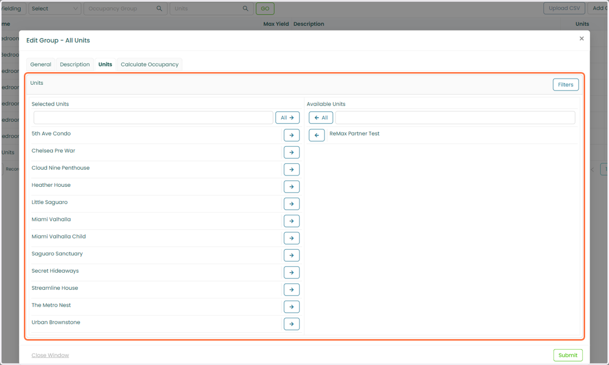 Max Yield > Occupancy Group Page > Occupancy Group settings > Under Units Tab you'll see all units configured for that group