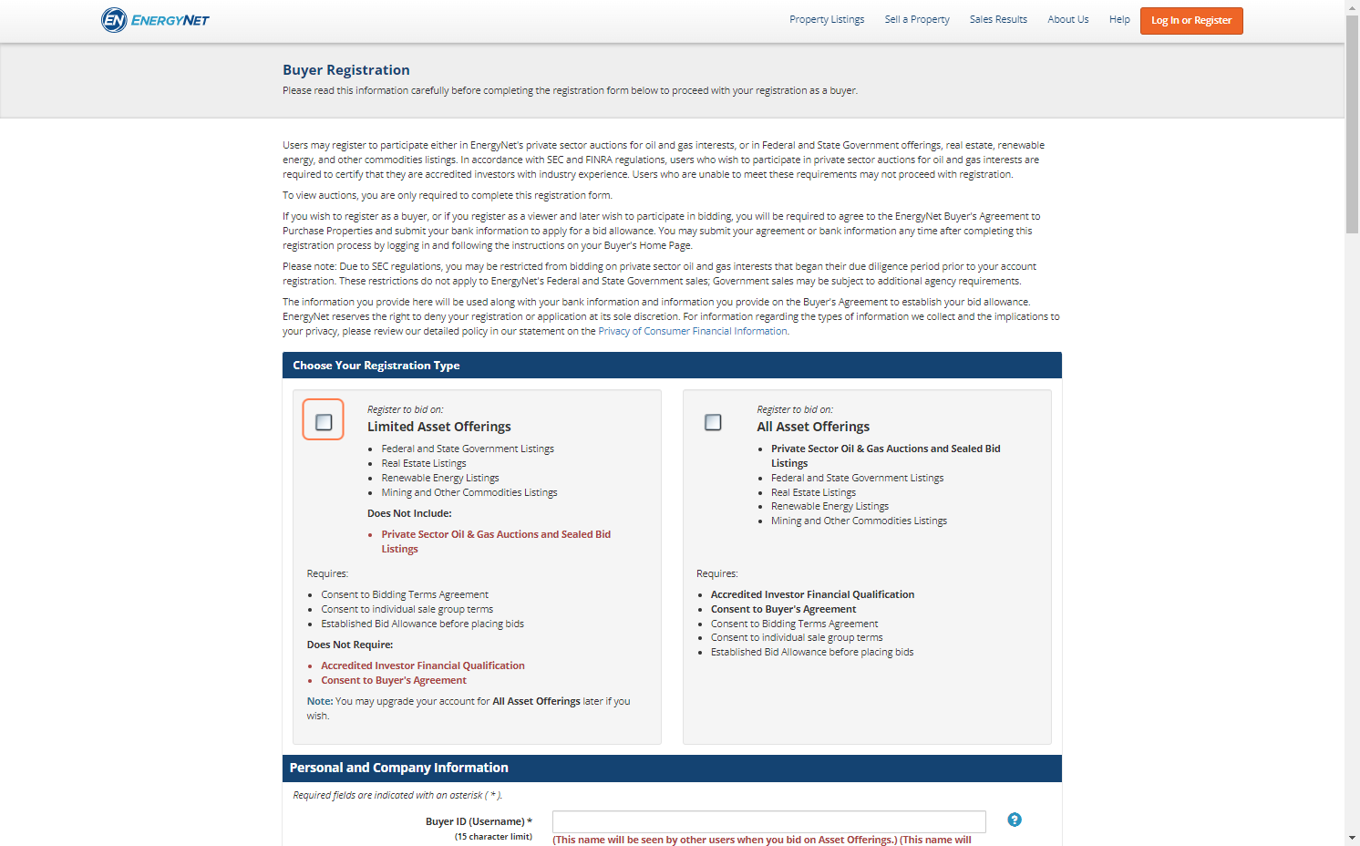 Select "Limited Asset Offerings" as the Registration Type