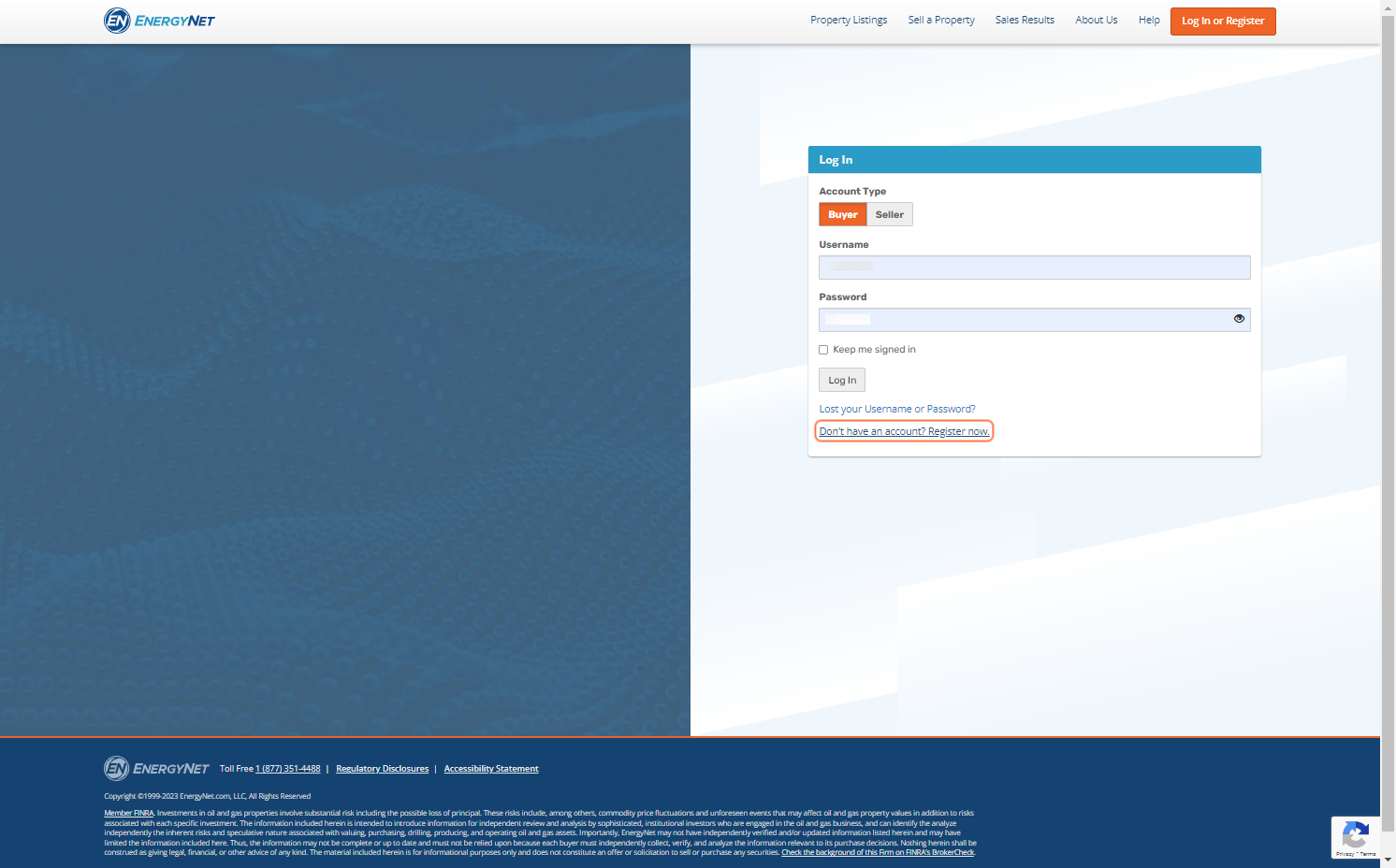 Click on Don't have an account? Register now.