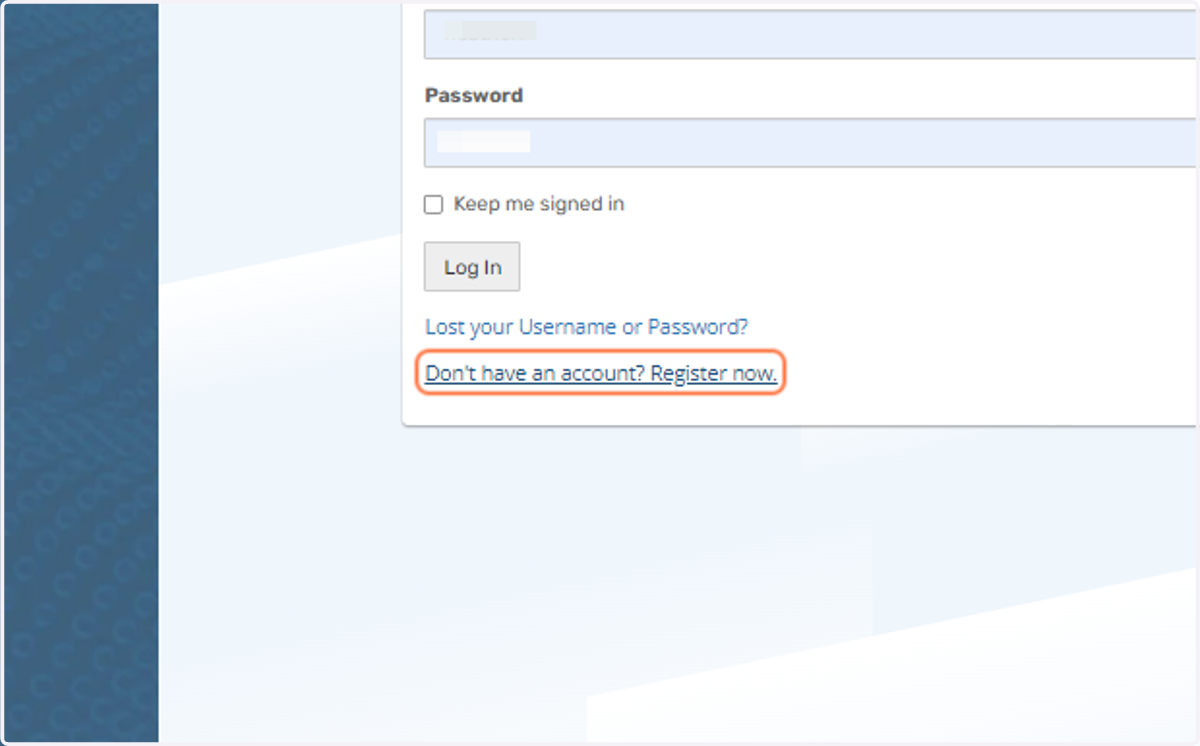 Click on Don't have an account? Register now.