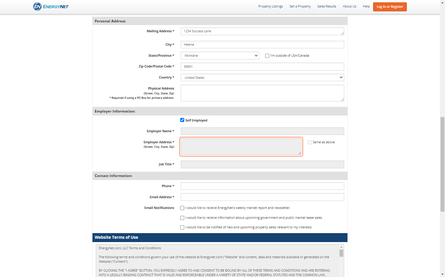 Enter Employer information if registering as a business, or check Self Employed if registering as an individual