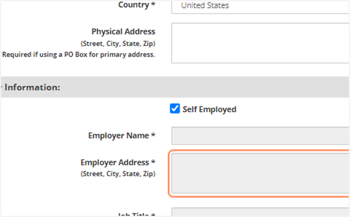 Enter Employer information if registering as a business, or check Self Employed if registering as an individual