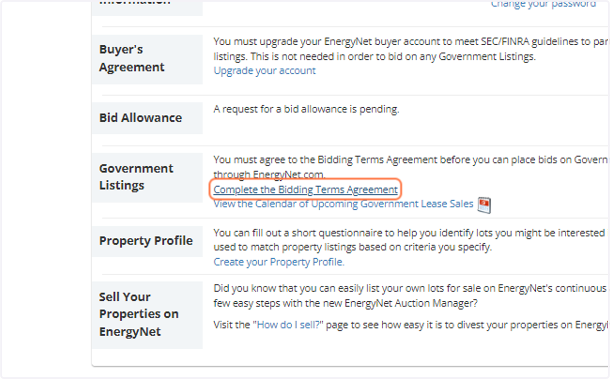Click on Complete the Bidding Terms Agreement