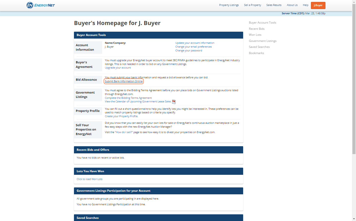 After submitting the registration, you will be redirected to the Buyer's Homepage Buyer's Agreement does not apply to Government Offerings and may be bypassed Click on Submit Bank Information Online