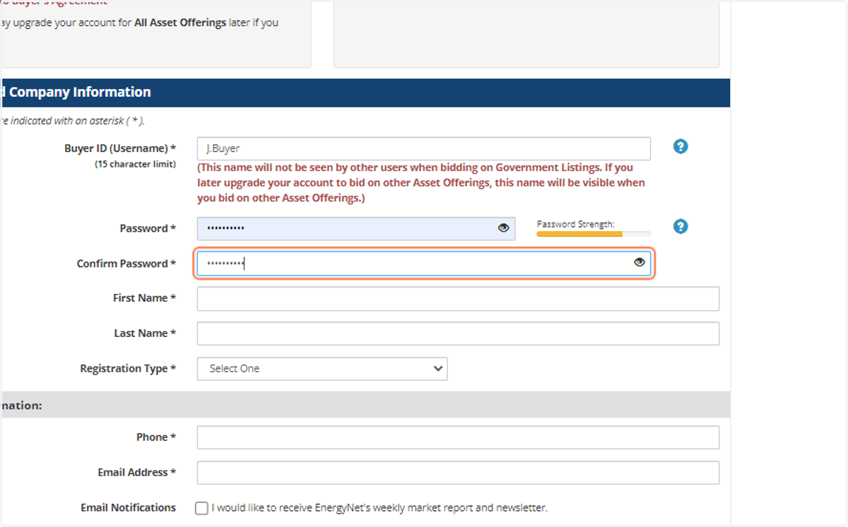Create and confirm Password