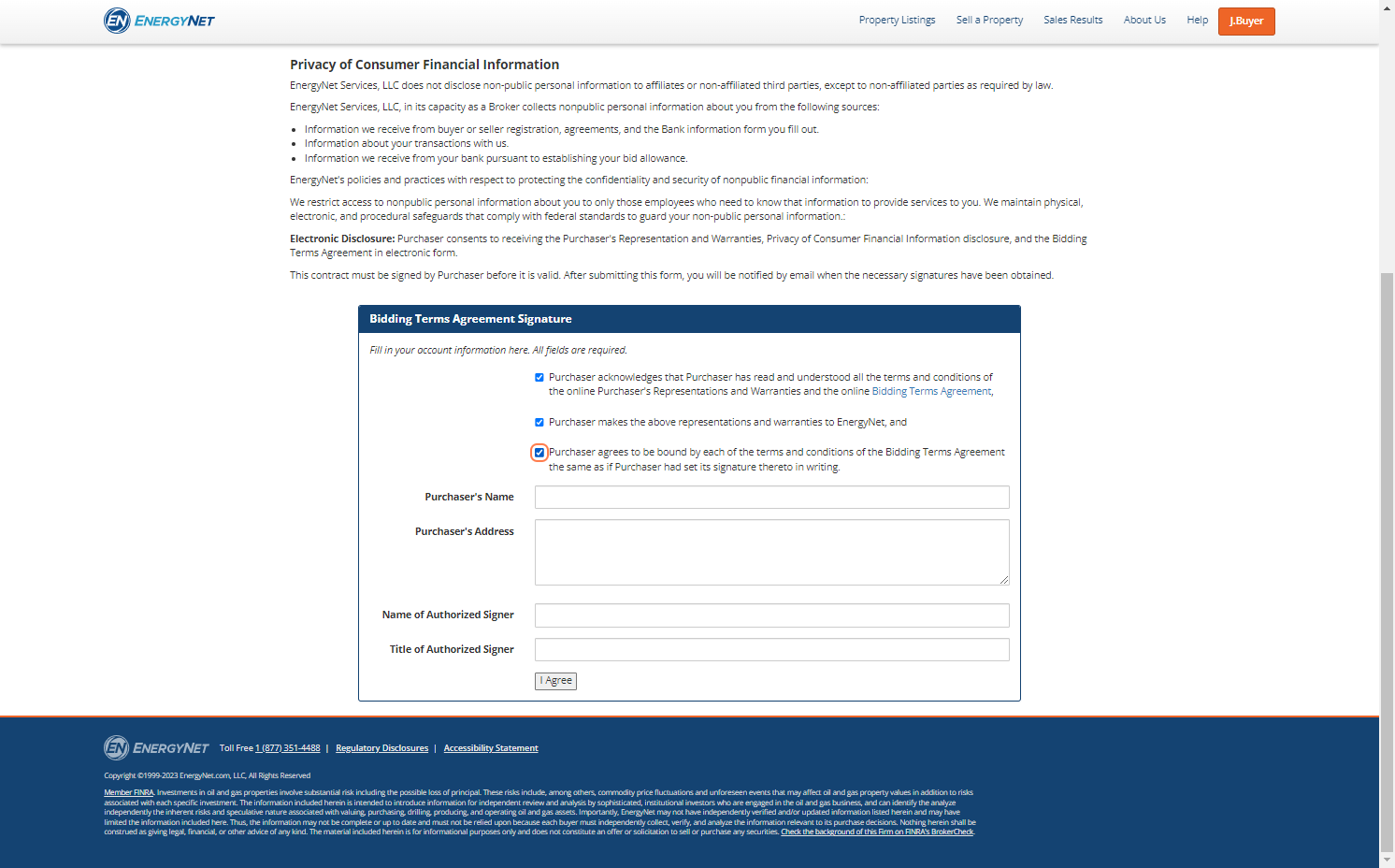 Check all boxes after reading the full Bidding Terms Agreement