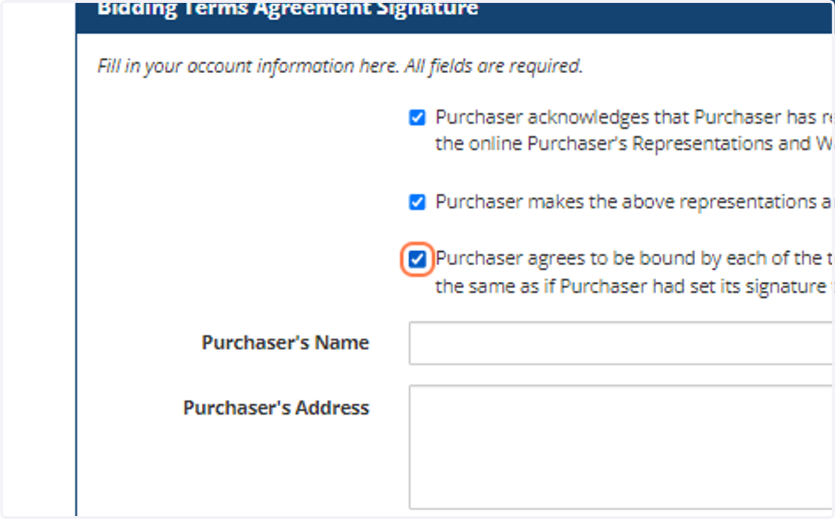 Check all boxes after reading the full Bidding Terms Agreement