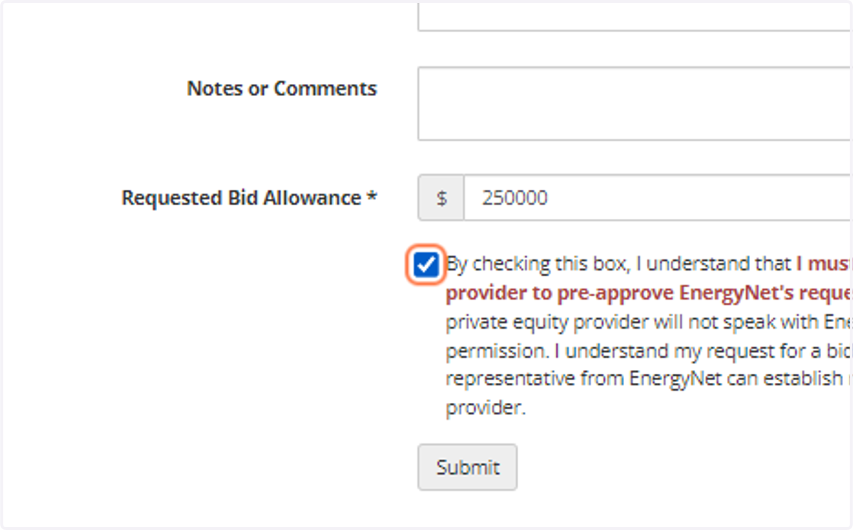 Provide Bank or Financial Institution details and enter Bid Allowance request