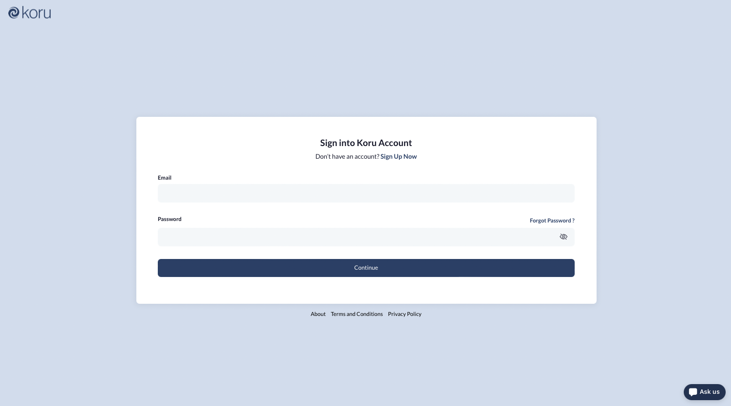 Navigate to https://app.koru.global/ to start the process