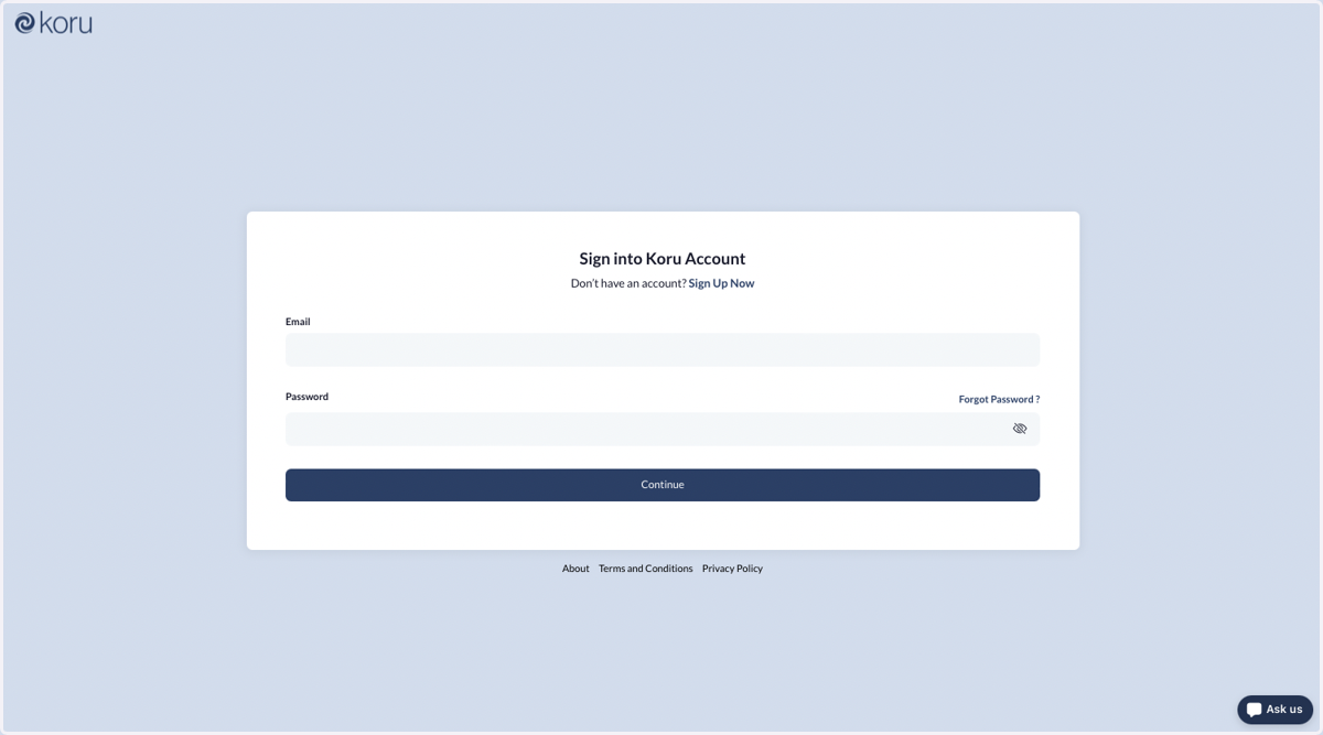 Navigate to https://app.koru.global/ to start the process
