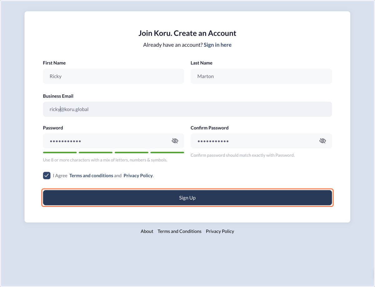 Fill in all the information on the form, and press Sign Up.