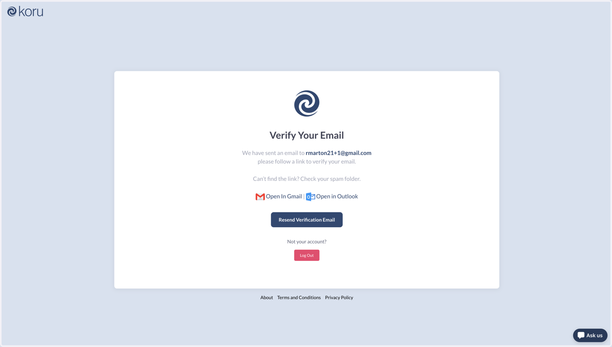 You should now have an email from Koru Support Team.