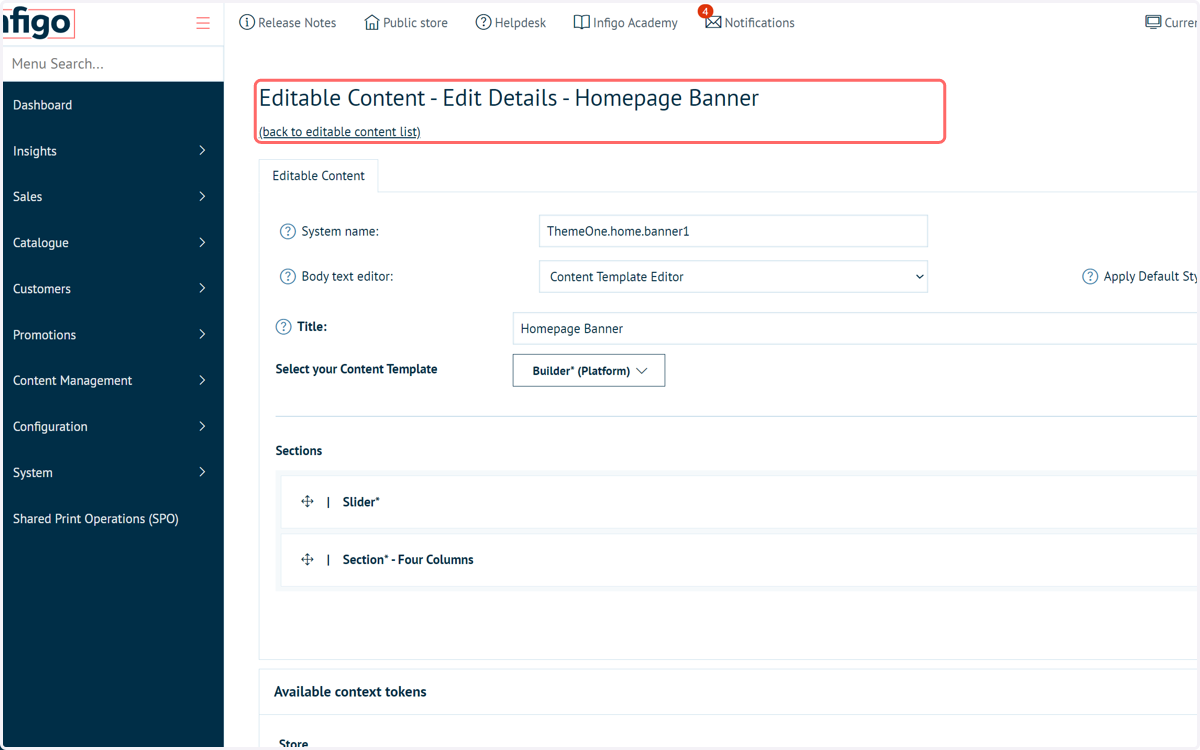 Relevant Editable Content page