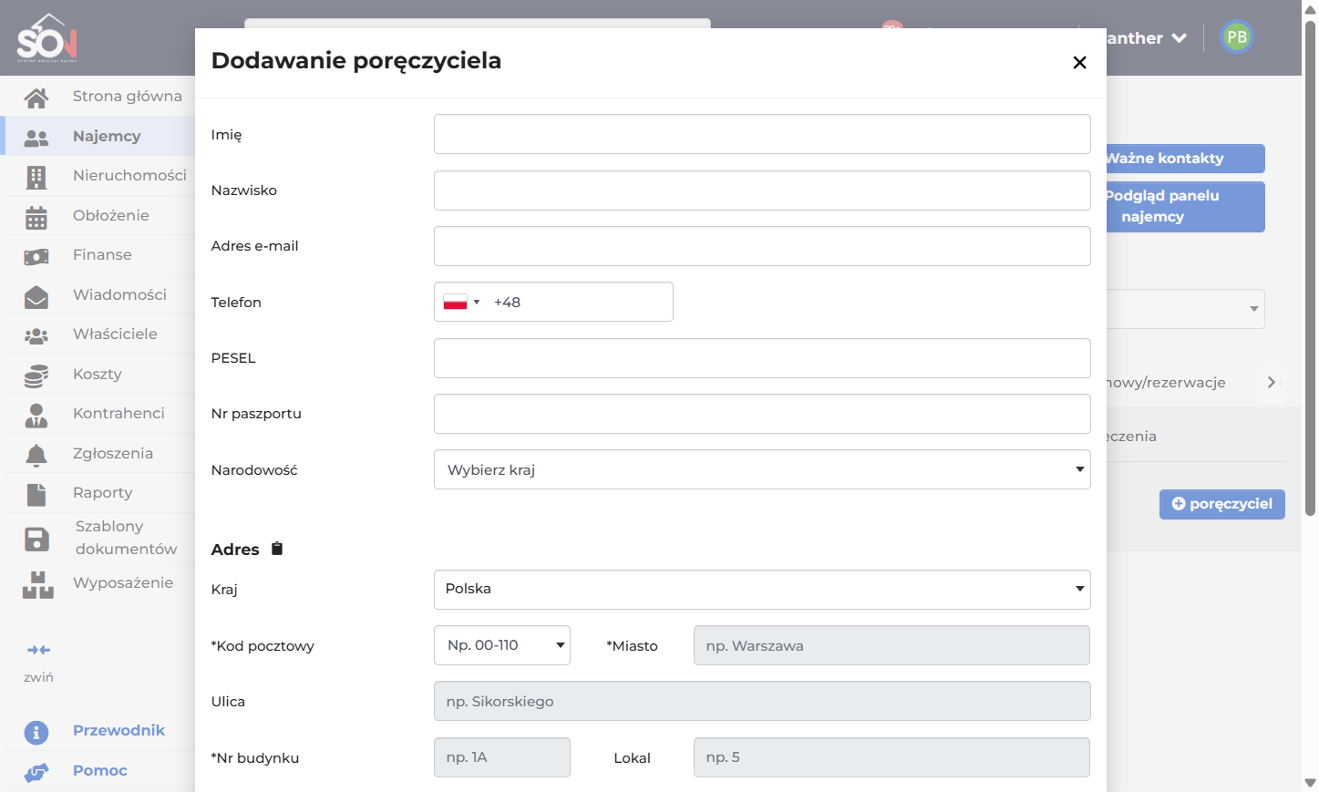 Wyświetli się karta do uzupełnienia danych poręczyciela