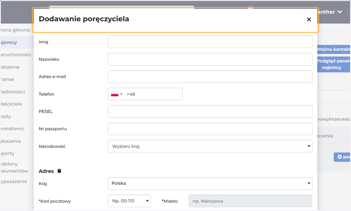 Wyświetli się karta do uzupełnienia danych poręczyciela