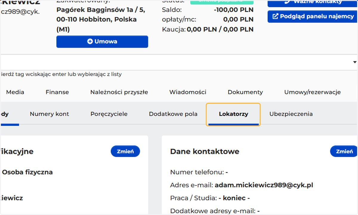 Przejdź do zakładki "Lokatorzy"