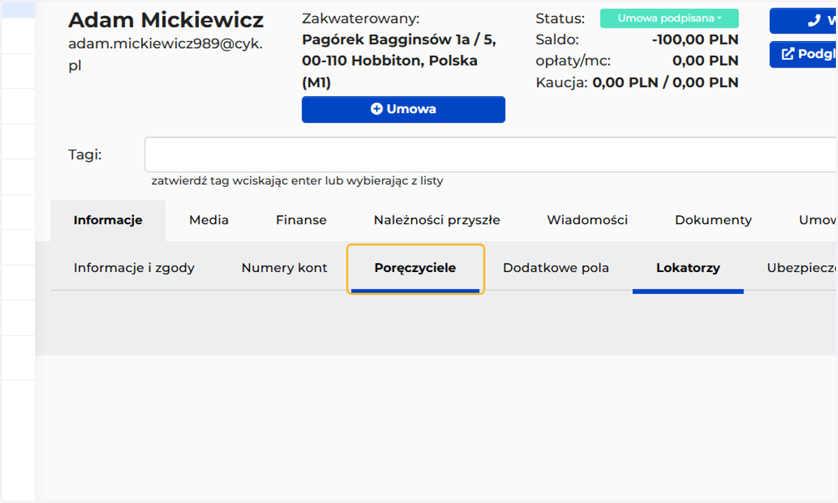 Przejdź do zakładki "Poręczyciele"