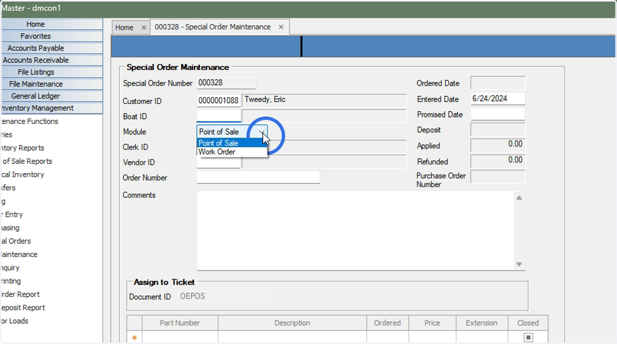 Select the module where the Special Order originated (Point of Sale or Work Order)