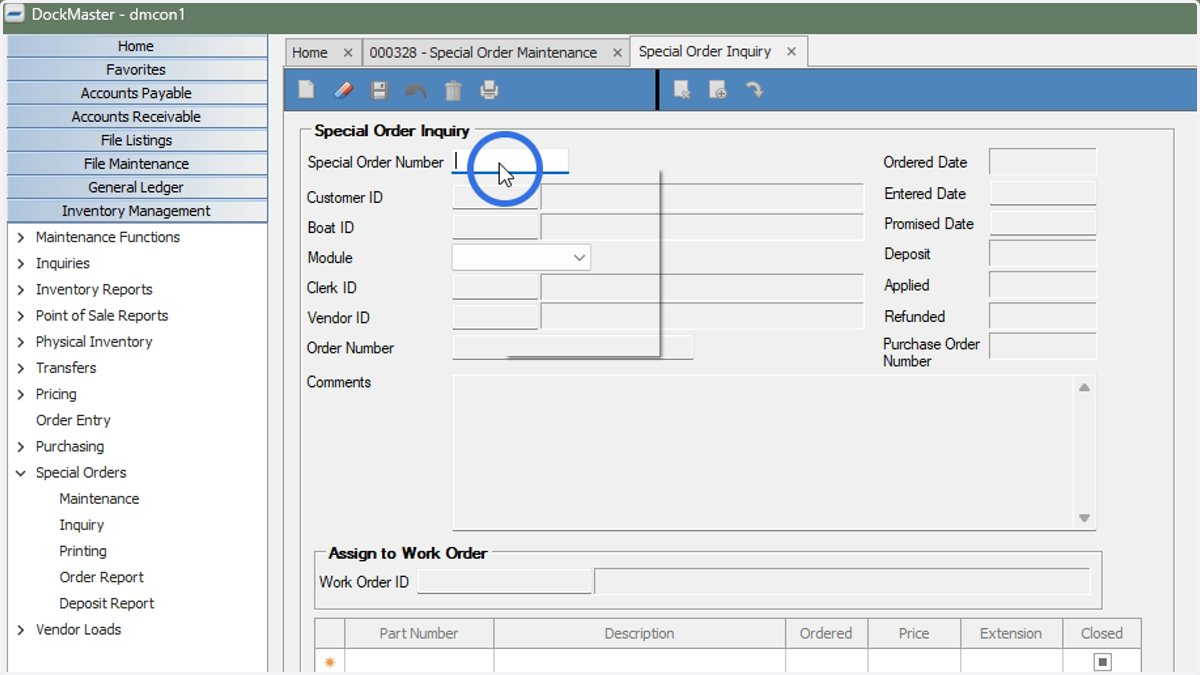 Enter the Special Order number