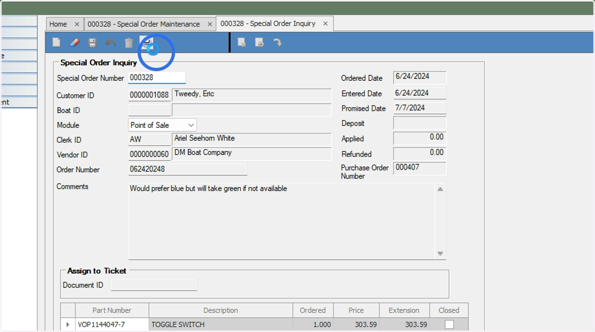 The Inquiry view allows you to view and print the Special Order, but not make changes