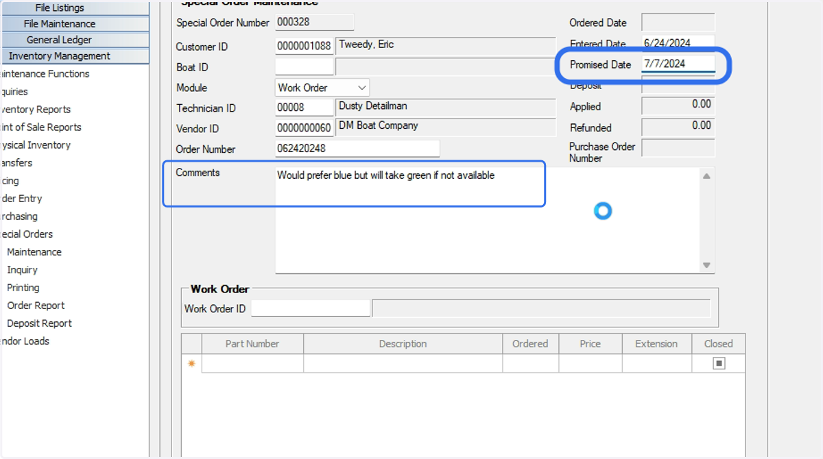 Optional: Enter additional details in the Comments and Promised Date fields