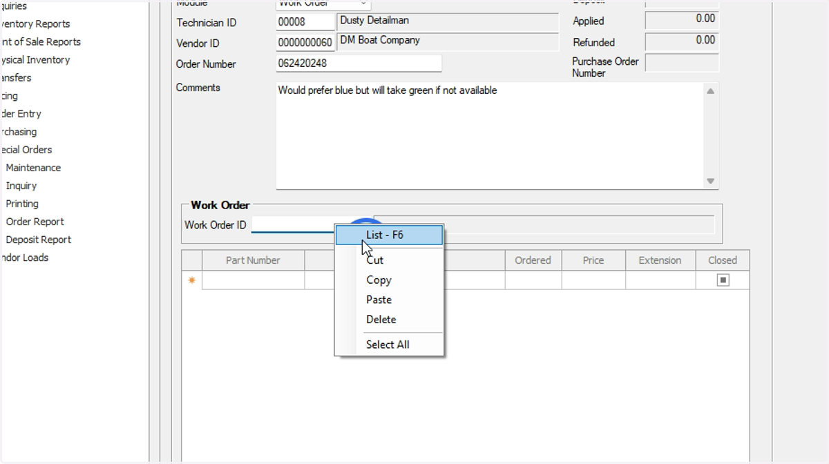 If the Special Order corresponds with a Work Order, enter the number in the text field