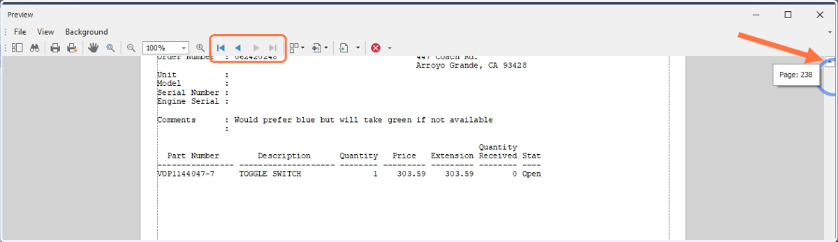 The results will display the Part Number, Description, Quantity, Price, Extension, Qty Received, and Status of all Special Orders that meet the filters you have selected