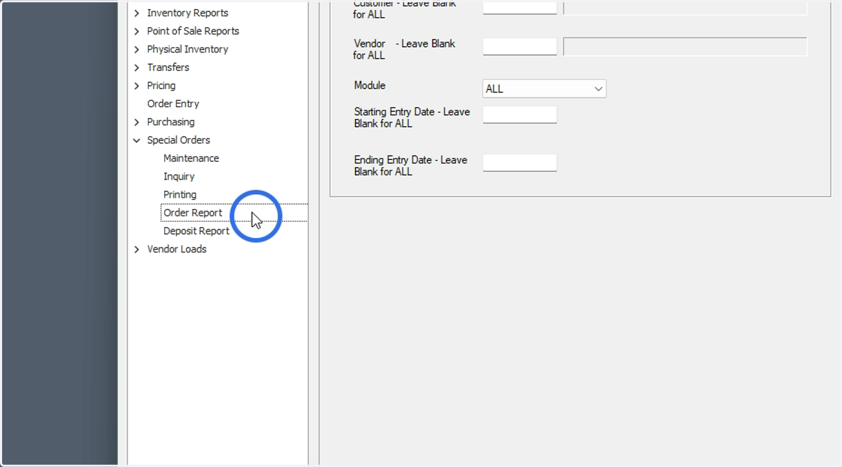 Click Order Report under Special Orders
