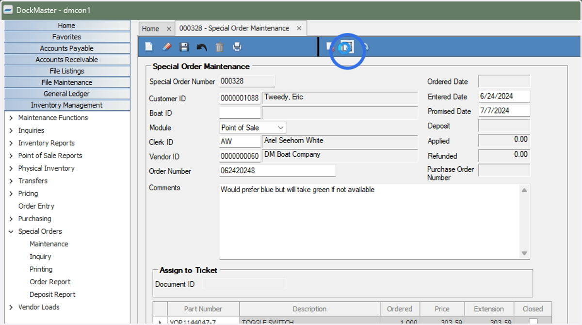 Click the blank paper with the (+) icon to create a Purchase Order and add the Special Order