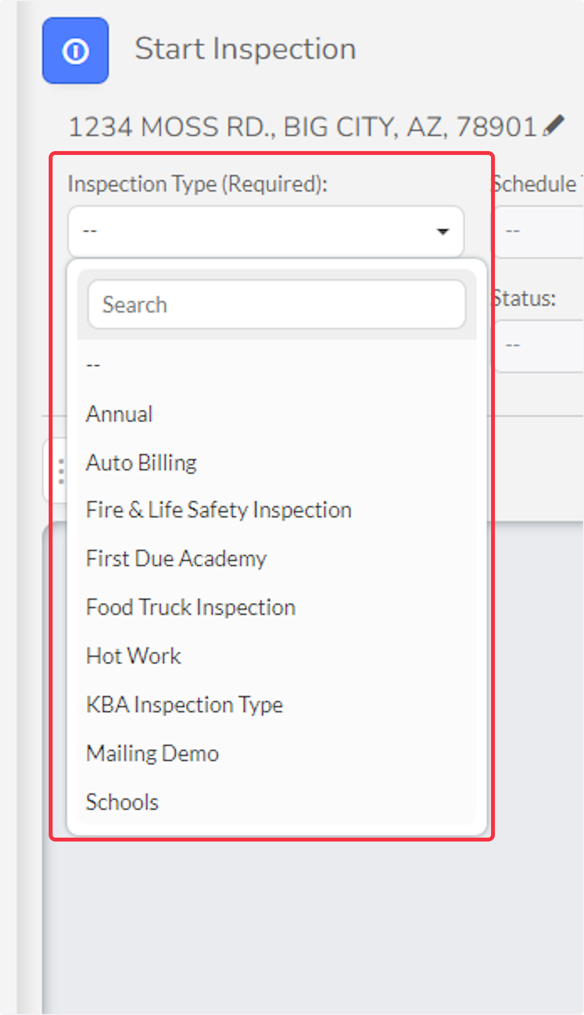 Select an Inspection Type from the drop down menu.