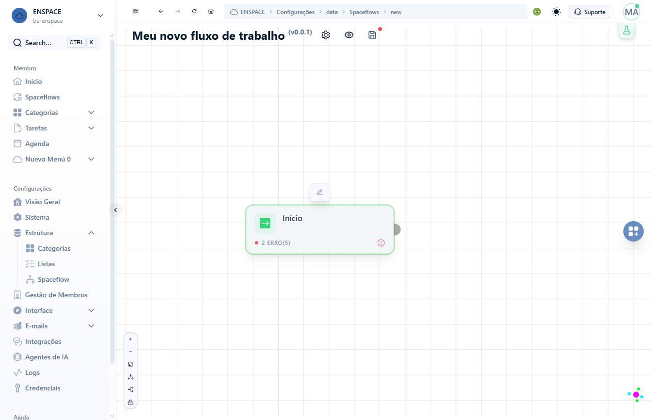 Com o editor do Spaceflow aberto, acesse a aba lateral de nós