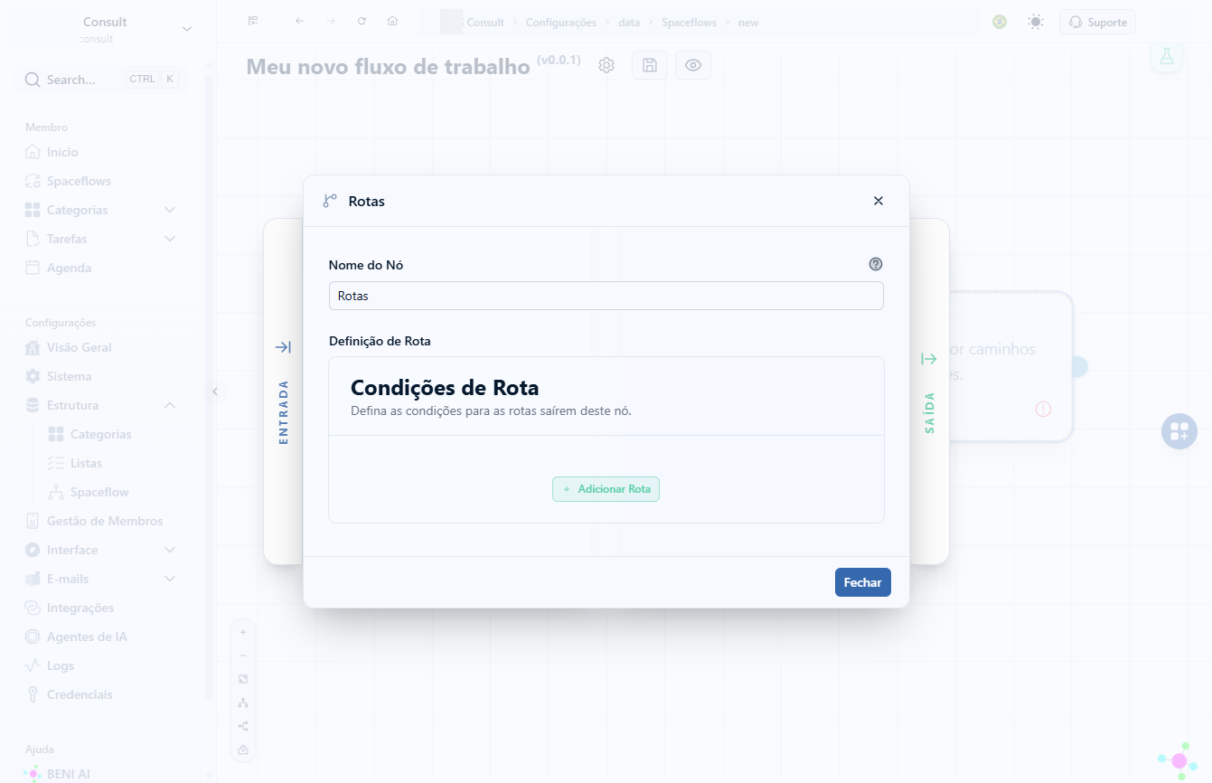 Com o nó de rotas aberto, clique em Adicionar Rota