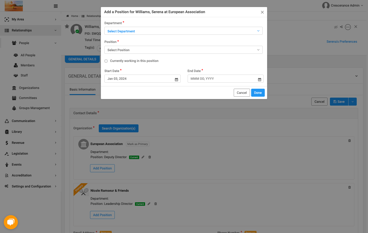 Select Department and Position from the dropdown list